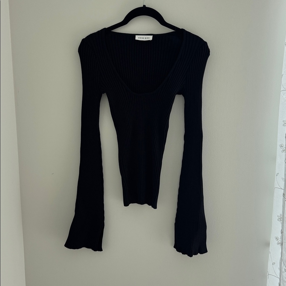 Anine Bing Scarlet Long Sleeve Scoop Neck Ribbed Top- Black - Picture 6 of 7